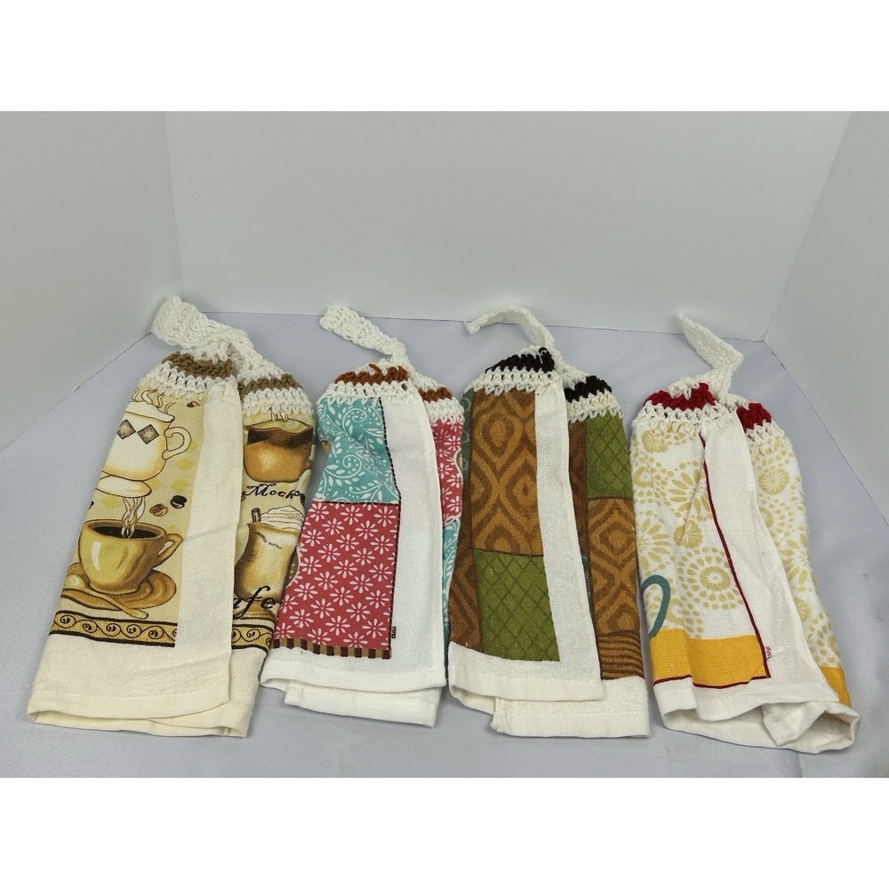 Coffee Theme Hanging Kitchen Towels Set of 7 Crochet Top Farmhouse Cute - Picture 2 of 8